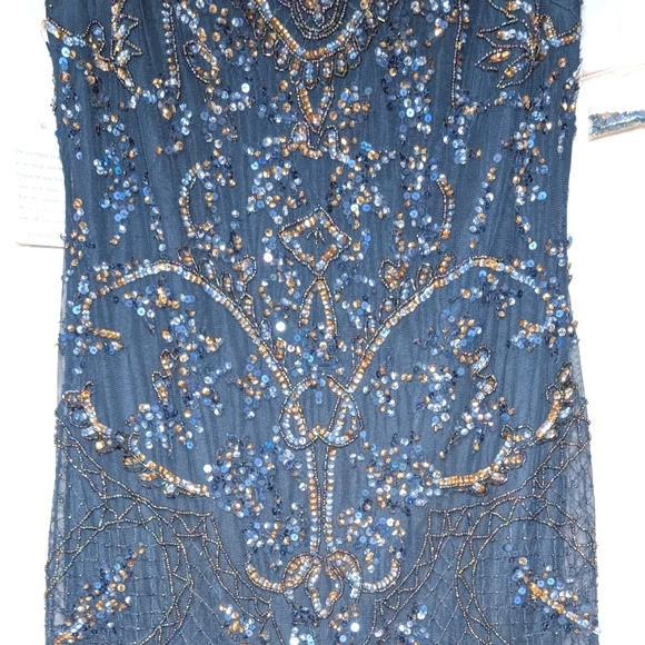 NWT Pisarro Nights Beaded Mesh Midi Cocktail Dress in Navy - Picture 8 of 16